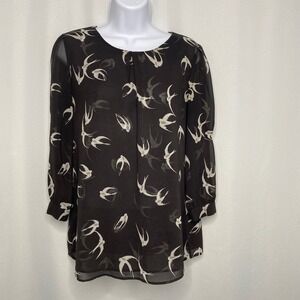 Banana Republic Women Small Black Chiffon Swallow Bird Print Blouse Keyhole Back